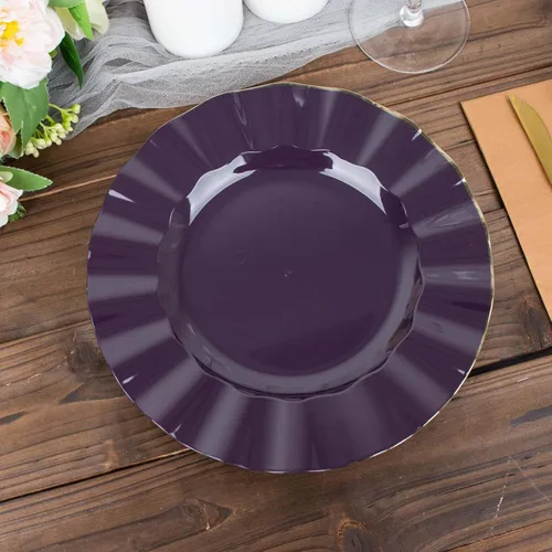 Vista 132 de Tableclothsfactory Paquete de 10 platos redondos de plástico negro de 6 pulgadas para ensalada de postre, platos desechables con borde ondulado