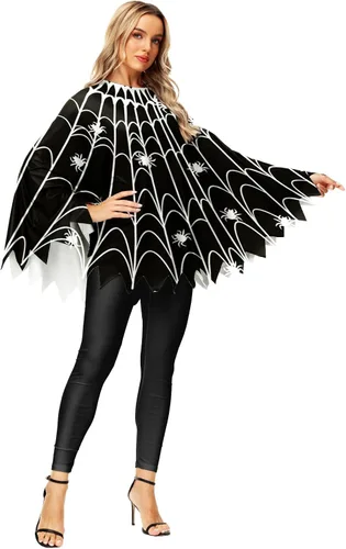 Vista 4 de Disfraz de calabaza de Halloween, capa de poncho de esqueleto de telaraña