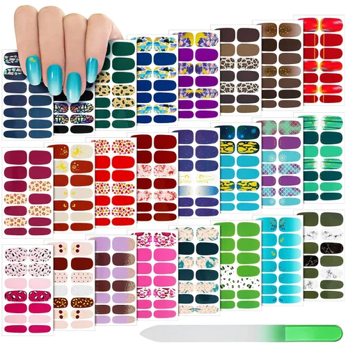 Vista 13 de Maitys 336 piezas de 24 hojas de tiras de esmalte de uñas de envoltura completa, autoadhesivas, tiras de uñas de gel, calcomanías de arte con lima