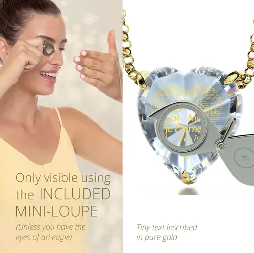 Vista 5 de NanoStyle Gold Plated Silver Romantic Jewelry Set I Love You Necklace in 120 Languages Inscribed in Pure Gold on Cubic Zirconia Heart Pendant and