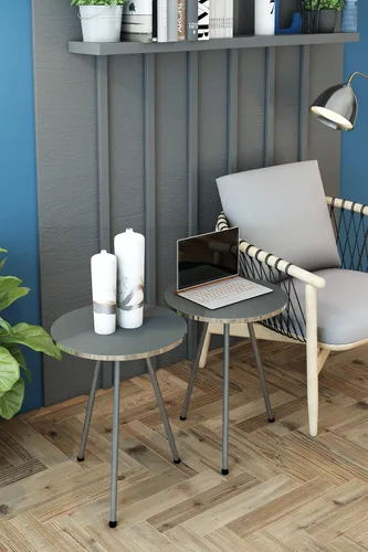 Vista 7 de Juego de 2 mesas auxiliares redondas de madera con aspecto de mármol, mesa auxiliar anidable para espacios pequeños, mesita de noche, mesa de noche