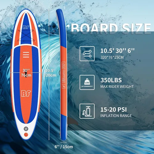 Vista 6 de Bifanuo Inflatable Stand Up Paddle Board with SUP Accessories & Backpack. Paddle Boards for Adults. Non-Slip Deck, Wide Stance, Bottom Fin, Double