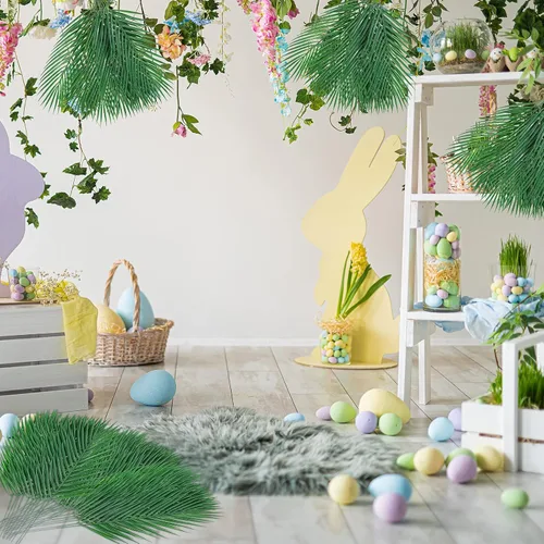 Vista 8 de Jexine 100 hojas de palma de Pascua para el domingo de Ramos, ramas artificiales falsas, tallos de árbol, plantas grandes de vegetación sintética