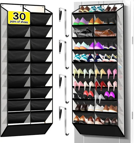Vista 10 de Kotkn Organizador de zapatos de 10 niveles sobre la puerta, 20 bolsillos con capacidad para 20 a 30 pares, tela Oxford resistente con malla