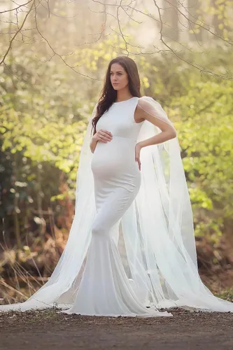 Vista 2 de Vestido de maternidad para mujer, para fotografía, vestido largo de accesorios para fotos, con capa de malla, vestido de baby shower, vestido