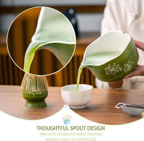 Vista 8 de Buucup Juego de matcha, 5 piezas de aguacate verde matcha con cuenco en forma de corazón con boquilla, batidor de bambú, cuchara, tamiz y soporte