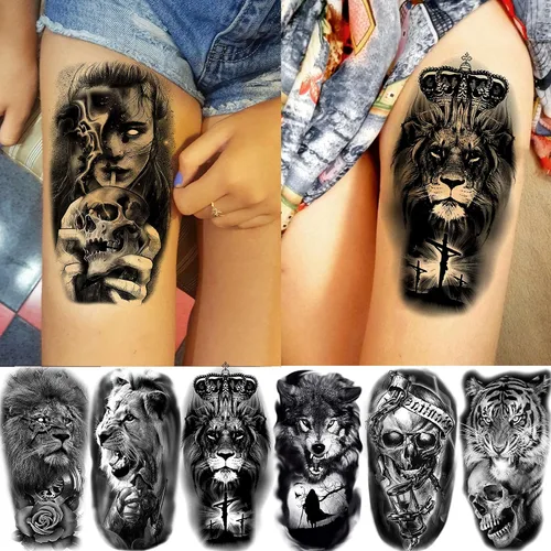 Vista 4 de 70 hojas de tatuajes temporales realistas en 3D de antebrazo, lobo, tigre, león, para hombres y mujeres, brazo del muslo, calavera aterradora