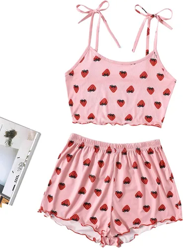 Vista 3 de SweatyRocks - Conjunto de pijama de verano con pantalones cortos, con estampado de fresas, para mujer