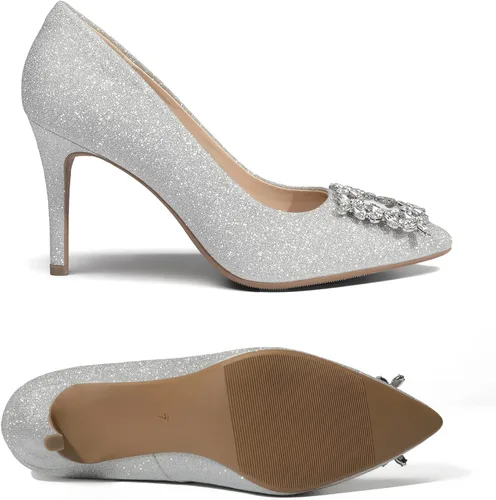 Vista 2 de DREAM PAIRS Zapatos de vestir de novia con punta cerrada para mujer, tacón de aguja brillante y sexy con punta puntiaguda