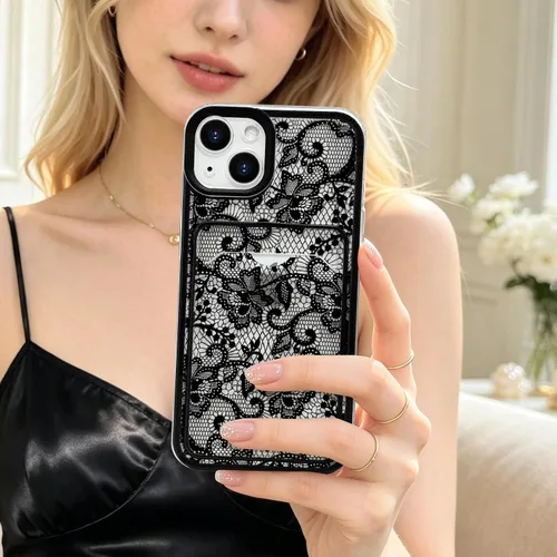 Vista 7 de NITITOP Funda para iPhone 13 transparente linda flor de encaje - flor negra negro (Black Bloom)