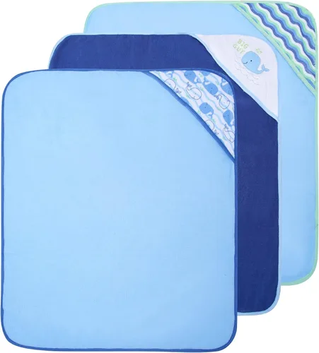 Vista 2 de Buttons & Stitches Paquete de 3 toallas de bebé con capucha de ballena azul, 26 x 30 pulgadas