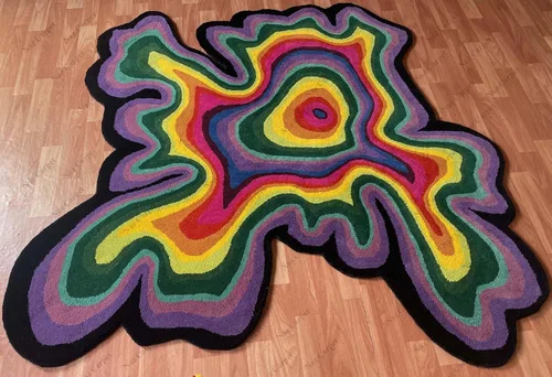 Vista 7 de Alfombra de forma irregular con patrón de ilusión copetuda a mano, 100% lana, hecha a mano (color multicolor, 4 x 4 pies)