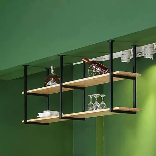 Vista 5 de Shelves Ceiling Shelf 2 Layer Ceiling Mount Storage Rack With Wooden Boards, Metal Display Stand, Restaurant, Bar, Cafe Hanging Decoration Storage
