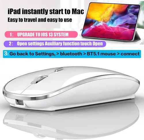 Vista 4 de Ratón Bluetooth para iPad Pro iPad Air Mac MacBook Pro MacBook Air MacBook Laptop Chromebook Win8/10/11 HP DELL PC Blanco