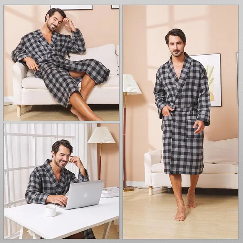 Vista 5 de FashGudim Bata de algodón a cuadros para hombre, ligera, con cuello de chal, kimono, ropa de dormir, ropa de descanso, batas de casa