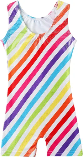 Vista 2 de HOZIY Leotardos de gimnasia para niñas con conjuntos de voltereta, con brillo, patrón adorable B Rainbow Stripe