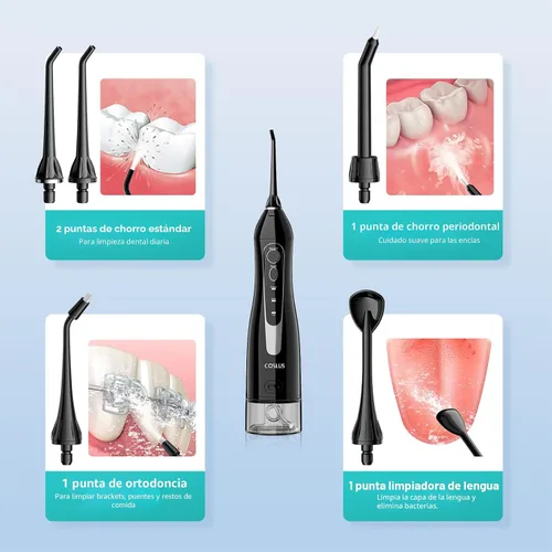Vista 9 de COSLUS Hilo Dental de Agua: Irrigador Oral Portátil Inalámbrico 300ML Recargable Limpiador de Viaje IPX7 Impermeable Máquina de Hilo Dental