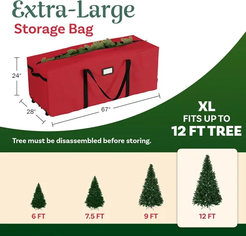 Vista 3 de Bolsa de almacenamiento prémium Elf Stor para árbol de Navidad, bolsa con ruedas, Tela, Rojo, Extra grande