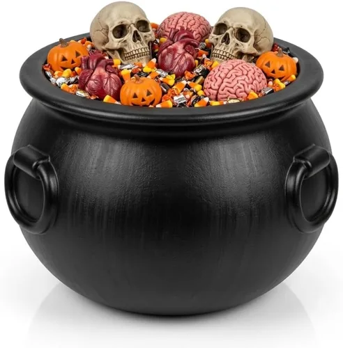 Vista 11 de PMU 2 piezas de caldero de Halloween – 10 pulgadas, 8 pulgadas, cuenco de caldero de plástico de bruja negro, para decoración de Halloween