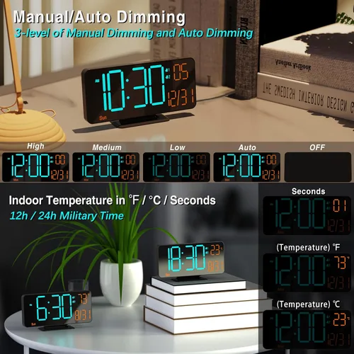 Vista 4 de KOSUMOSU Relojes despertadores para dormitorios, 6.7 pulgadas, pequeño reloj digital negro, LED, reloj despertador de escritorio con atenuación