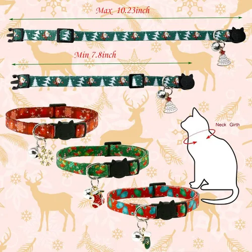 Vista 2 de Juego de collar de gato de Navidad, collares ajustables para gatos con campanas y dijes, 4 unidades por juego