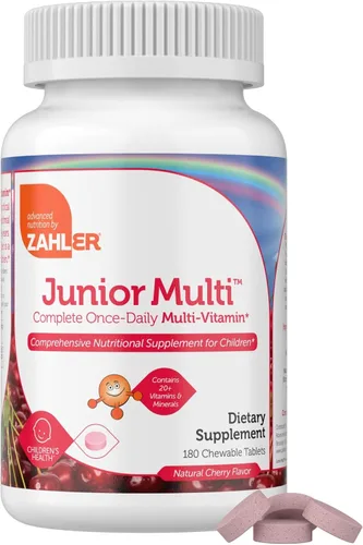 Vista 8 de Zahler, Junior Multi, Suplemento mineral y multivitamínico óptimo para niños, las más deliciosas tabletas masticables sabor cereza, color y sabor