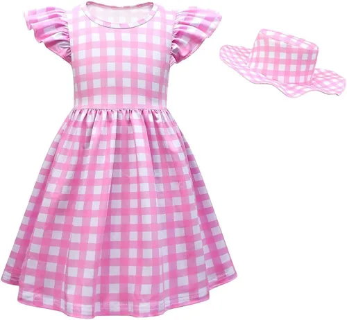 Vista 2 de ODASDO Vestido de cuadros rosa para niñas, disfraz de Halloween de los años 50, vestido a cuadros para fiesta de cumpleaños, sombrero y lazo