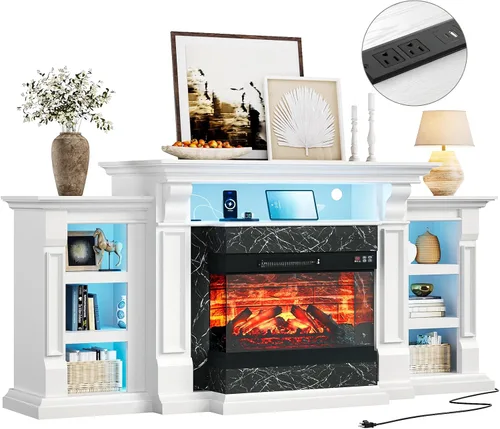 Vista 10 de LGHM Soporte de TV con chimenea eléctrica LED con tomacorriente, mantel de chimenea de 72 pulgadas para televisores de hasta 80 pulgadas, moderno