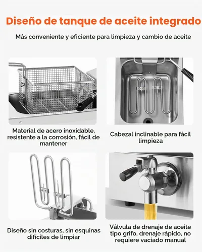 Vista 5 de VEVOR Freidora comercial, 2 freidora de aceite doble de 9 cuartos / 8.5 L con 2 cestas, acero inoxidable de 0.039 pulgadas de grosor, freidora