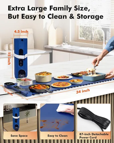 Vista 6 de Nuevo Tapete de Calentamiento de Alimentos con Cargador Inalámbrico, 34"x15" Extra Grande Enrollable Calentador de Alimentos, Tapete