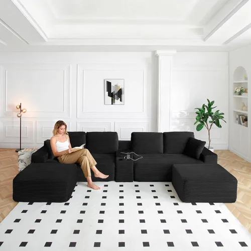Vista 9 de Sofá modular modular de 150 pulgadas, sofá de nube moderno de gran tamaño para sala de estar, sofás en forma de U con 2 otomanas, puertos USB y Negro