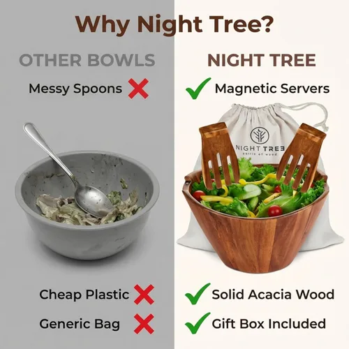 Vista 8 de Night Tree Ensaladera grande de madera con tenedores para servir, juego de ensaladera de madera para alimentos o frutas, utensilios magnéticos aptos