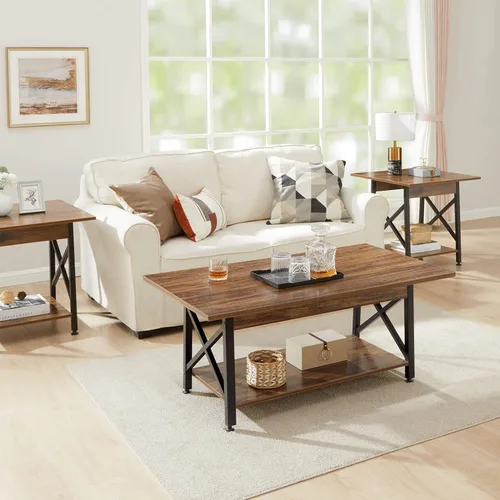 Vista 7 de GreenForest Mesa de centro con almacenamiento, mesa de centro moderna de 2 niveles de 39 pulgadas para sala de estar, mesa de centro de granja
