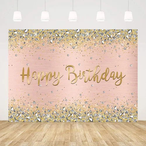 Vista 2 de MEHOFOND Fondo de decoración de fiesta de cumpleaños de oro rosa para mujeres y niñas, con purpurina dorada rosa, suministros de feliz cumpleaños