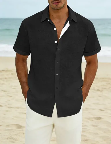 Vista 2 de Camisas de lino con botones para hombre, camisa casual de manga corta, sin pliegues, vestido de boda de verano, camisa de vacaciones en la playa