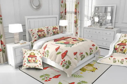 Vista 5 de Juego de funda de edredón con estampado de rana para niños, juego de ropa de cama Kawaii para decoración de habitación, diseño de hongos y rana
