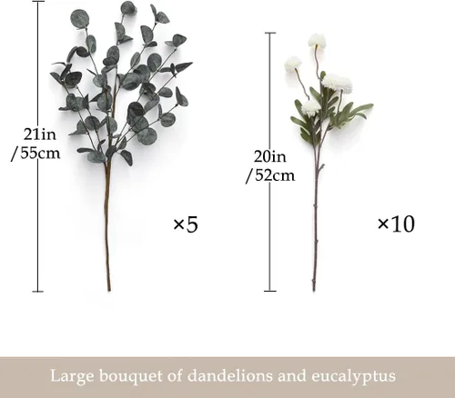 Vista 3 de Laelfe 10 flores artificiales Kiku + 5 ramas grandes de eucalipto, flores blancas falsas de seda para mamás con pompón (tallos de flores de bola)