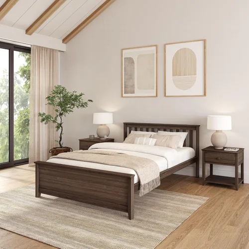 Vista 12 de Plank+Beam - Estructura de cama individual de madera maciza, cama de plataforma con cabecero, arcilla