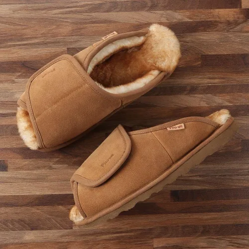 Vista 6 de PAMIR Pantuflas de casa de oveja ajustables para hombre con espuma viscoelástica para interiores y exteriores con puntera abierta