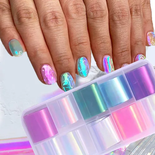 Vista 3 de 20 rollos de papel de vidrio Aurora degradado para arte de uñas, 3D, holográfico, efecto de fragmento de espejo, efecto de fragmento de espejo