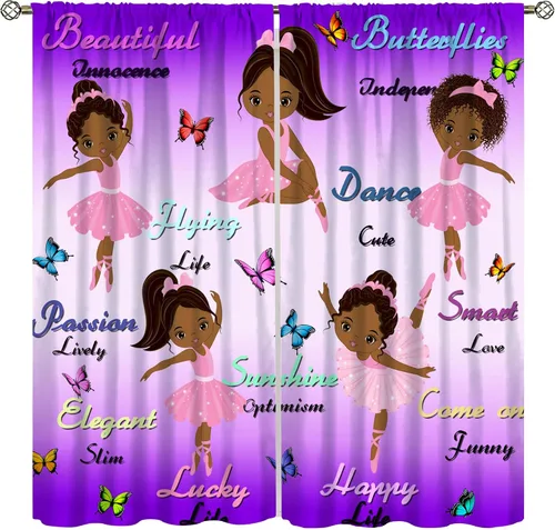 Vista 10 de YCness Cortinas afroamericanas para niños, tratamientos de ventana de niña negra afro para dormitorio, lindas cortinas de bailarina bailarina rosa