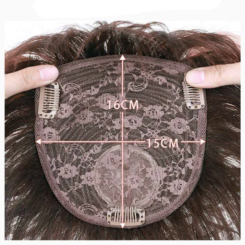 Vista 6 de Toppers de cabello humano con clip y flequillo, extensiones de cabello para mujeres con cabello delgado, 5.9 x 6.3 pulgadas, lacio, color marrón