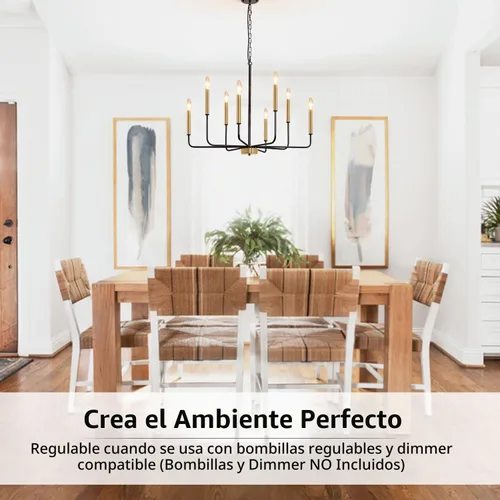 Vista 6 de Lámpara de araña negra y dorada, 8 lámparas modernas de granja para comedor, lámpara de comedor negra para cocina, vestíbulo, sala de estar Negro