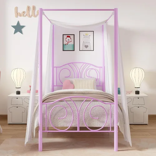 Vista 18 de VECELO - Marco de cama con dosel doble, cabecera vintage con voluta, color negro mate Twin canopy bed frame, Scrollwork metal headboard, Sturdy