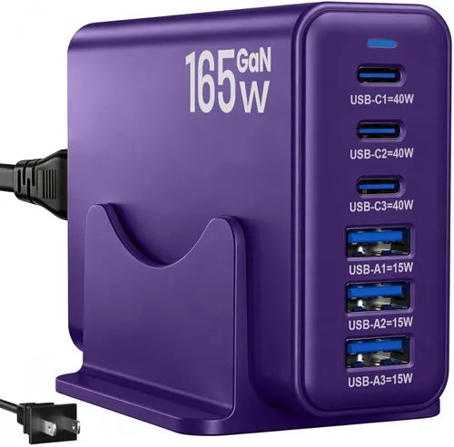 Vista 12 de Estación de carga de 165 W, cargador de escritorio de 6 puertos, 3 puertos 40 W, color negro Multi-Device Charger, 3 PD USB C 40W and 3 15W USB A