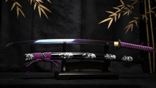 Vista 3 de Espada japonesa Katana Samurai de 104 cm hecha a mano, de espiga completa para hombre, regalo, decoración de cosplay, defensa personal Violet