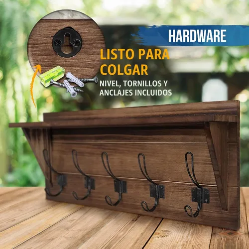 Vista 3 de HBCY Creations Perchero de pared de madera maciza color marrón rústico con estante, 5 ganchos, 24 pulgadas de largo, cocina, vestíbulo, entrada 1