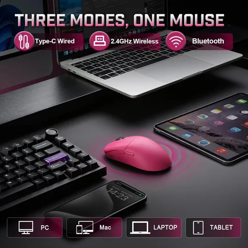 Vista 3 de YUNZII Ratón inalámbrico para juegos M1, mouse para juegos trimodo 2.4G/BT/cable, sensor PAW3311 10000 DPI recargable con 5 botones programables