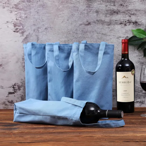 Vista 2 de Bolsa de vino, 10 x 7 x 2 pulgadas, 4 bolsas reutilizables de lona de algodón con etiqueta de cordón