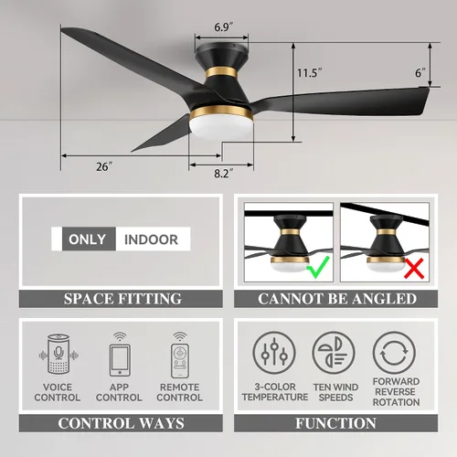 Vista 3 de SMAAIR Ventilador de techo inteligente de 52 pulgadas con luces y motor de CC de 10 velocidades, funciona con control remoto, Alexa/Google